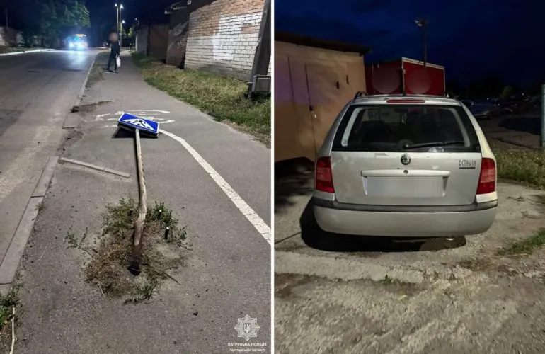 Нетверезий водій Skoda на Садах-2 збив дорожній знак та поїхав з місця пригоди