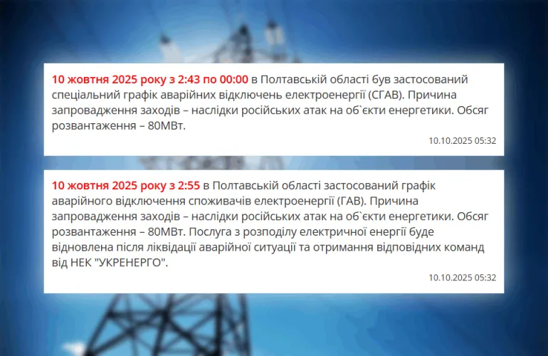 У Полтавській області діють аварійні відключення електроенергії через атаки рф